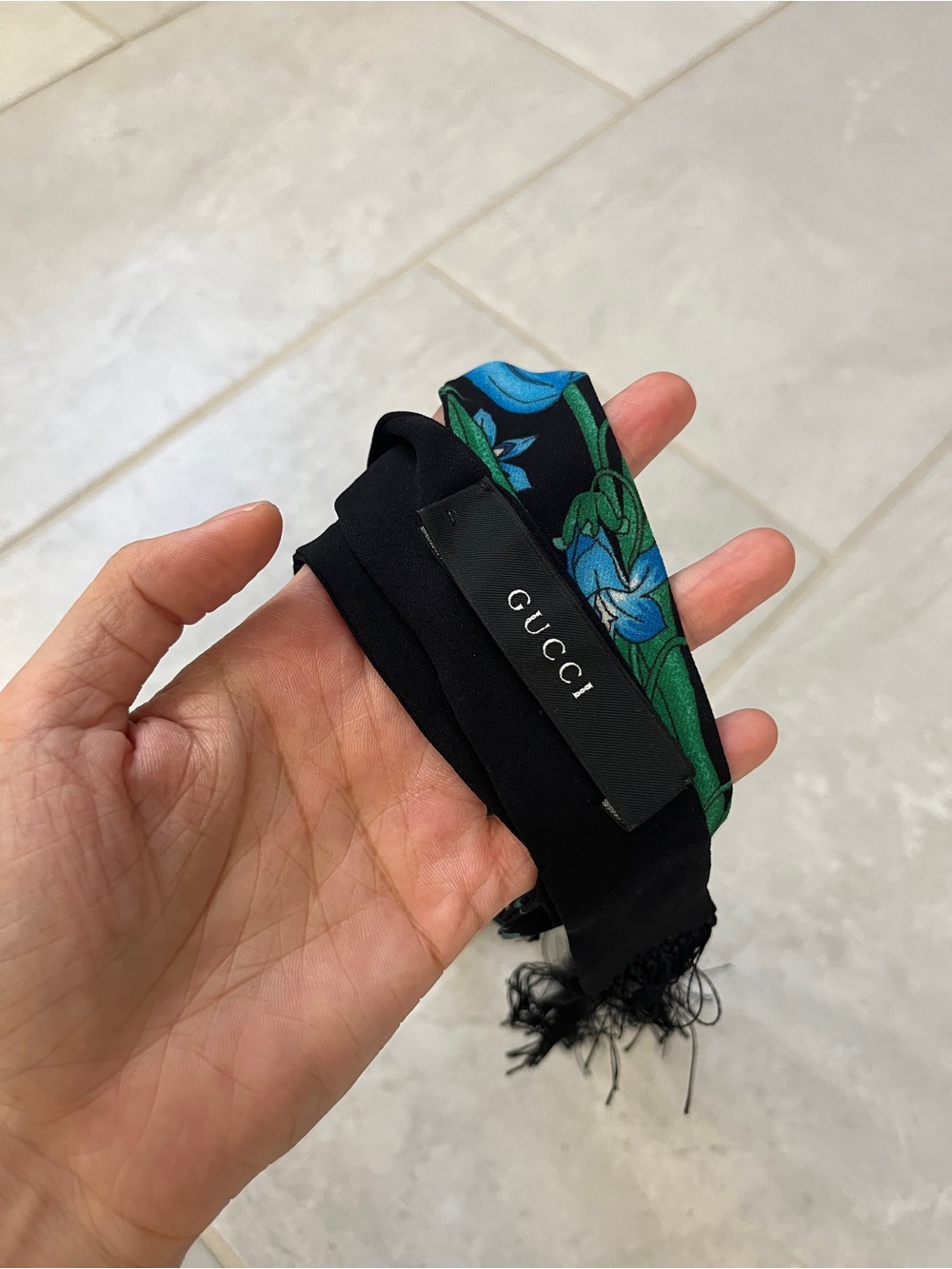 GUCCI Black with Blue & Green Floral Silk Scarf